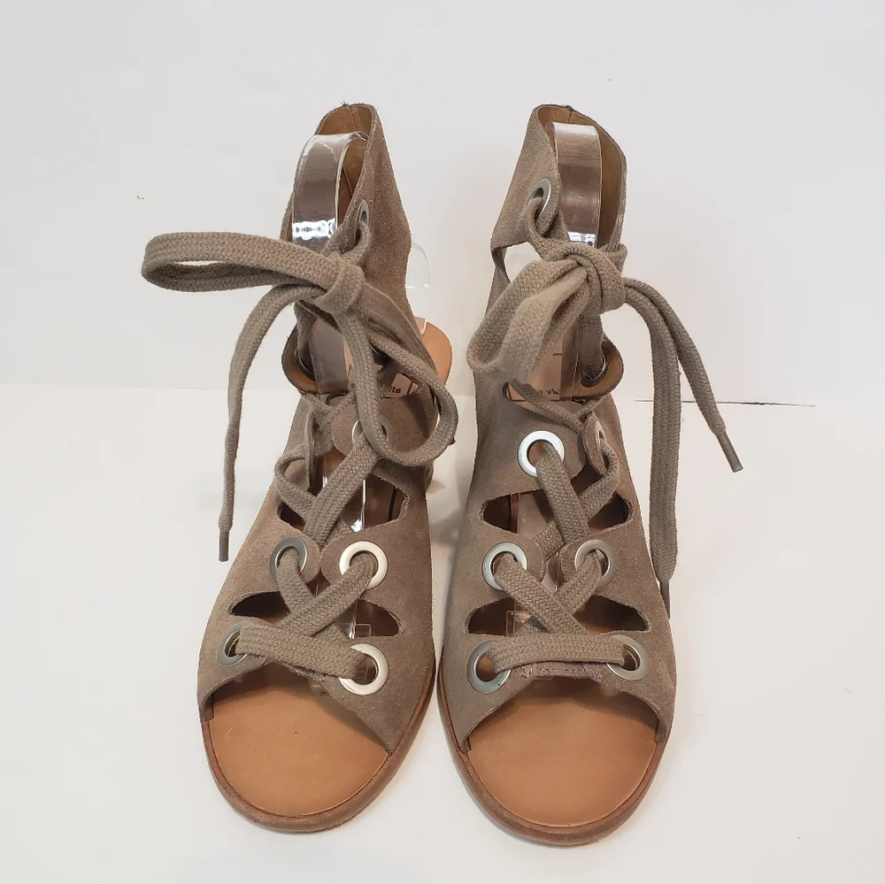 Dolce Vita Lei leather suede Boho Ghillie lace up wooden wedge heel open shoe
